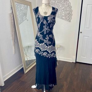Eva Blue Black White Silver Witchy Whimsygoth Beaded Layered Midi Dress 12 / L